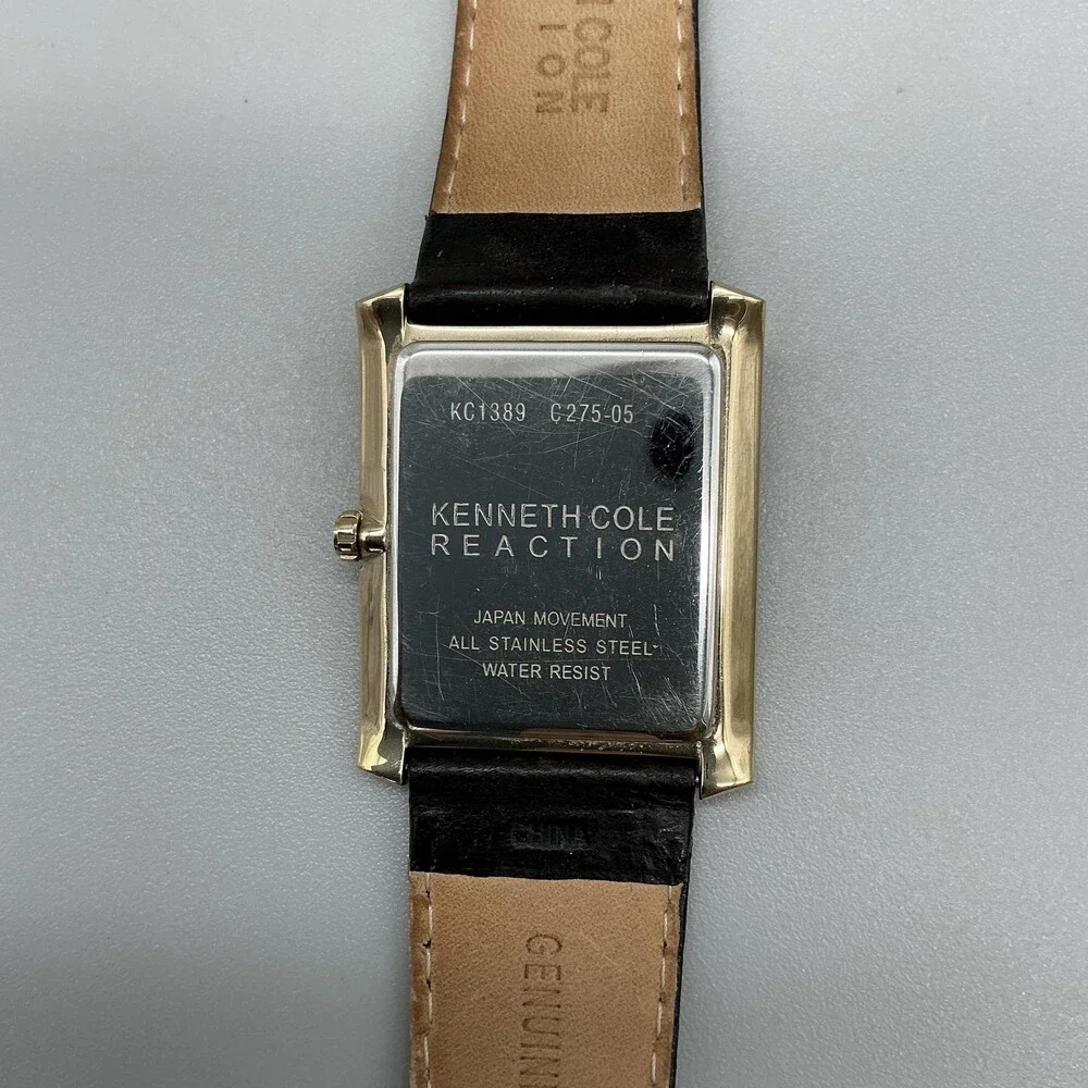 Kenneth Cole Reaction Mens Watch 33mm Silver Gold Tone Black Leather New Battery
